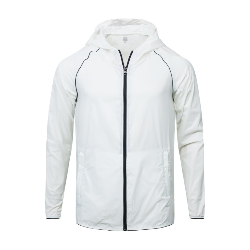 Front-facing view of a lightweight, white unisex hooded windcheater jacket. It highlights a sleek black central zipper, comfortable raglan sleeves, and practical side pockets, making it a perfect casual outer layer for summer wear jacket 1