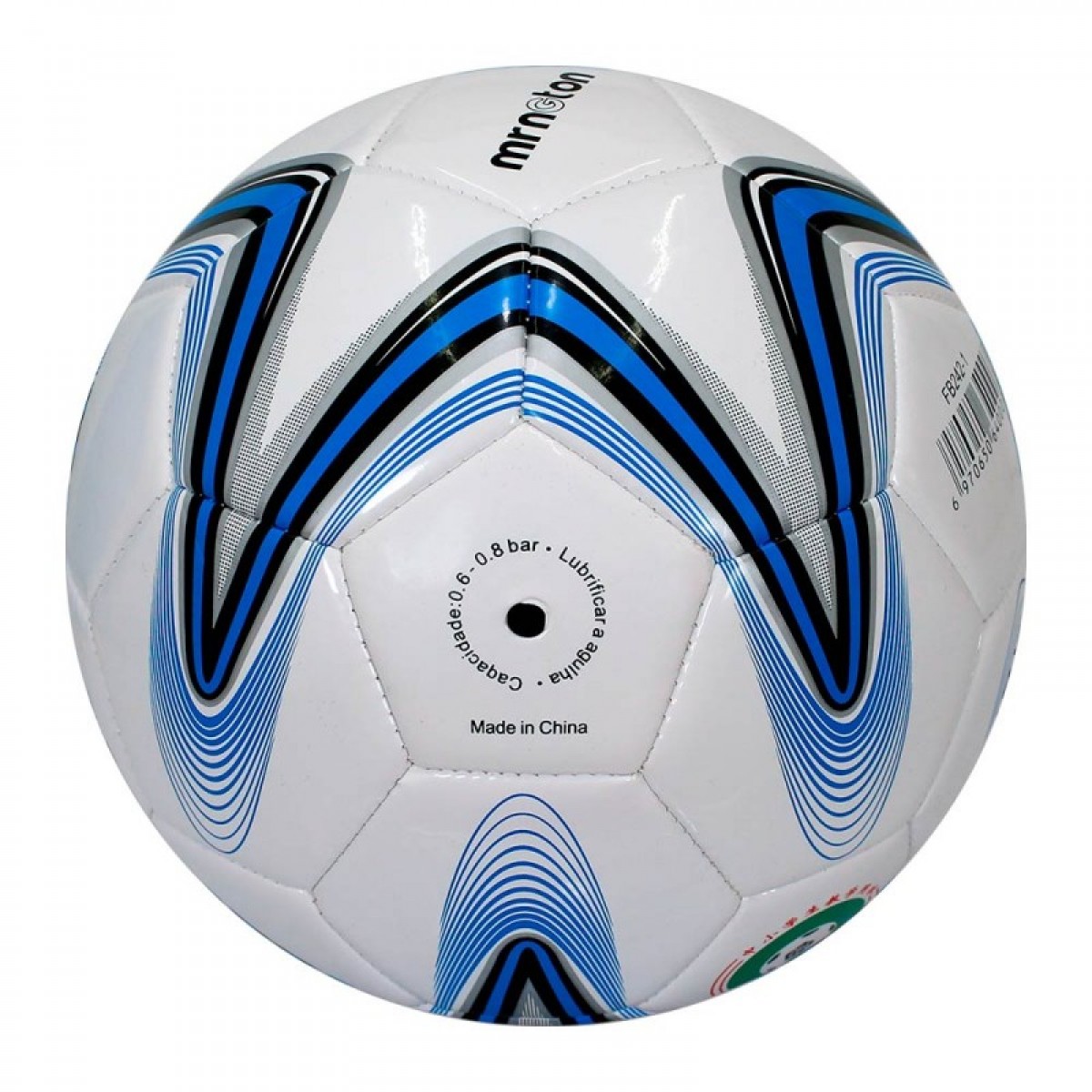 A white Grassroot football featuring custom black panels—including one with a speckled pattern and silver geometric striped borders 2