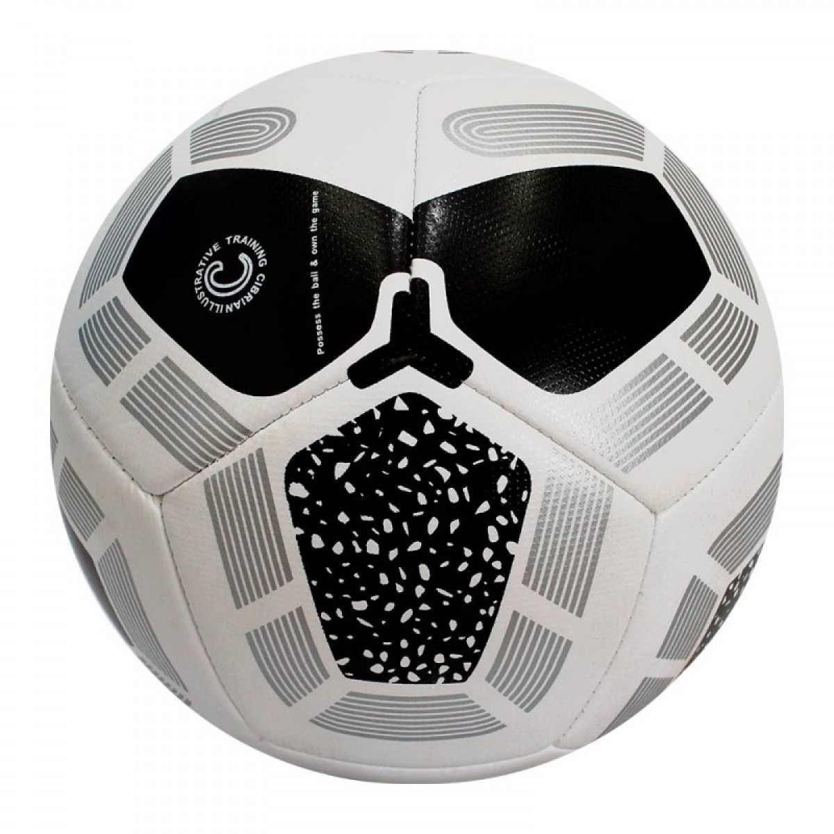 A white Grassroot football featuring custom black panels—including one with a speckled pattern and silver geometric striped borders 3