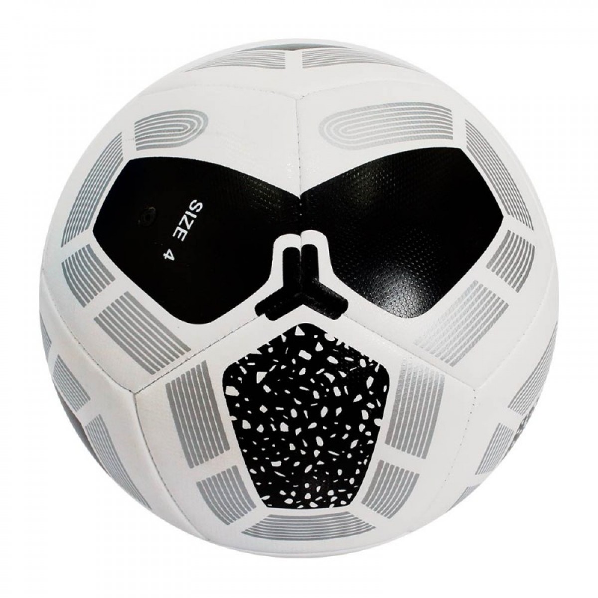 A white Grassroot football featuring custom black panels—including one with a speckled pattern and silver geometric striped borders 4