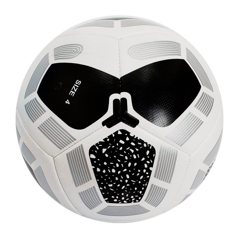 A white Grassroot football featuring custom black panels—including one with a speckled pattern and silver geometric striped borders 4