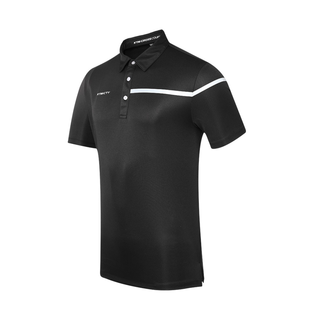 Male model wearing a maroon Cross Court Polo T-Shirt by KTM CTY, featuring a buttoned collar and a distinctive white chest stripe 4