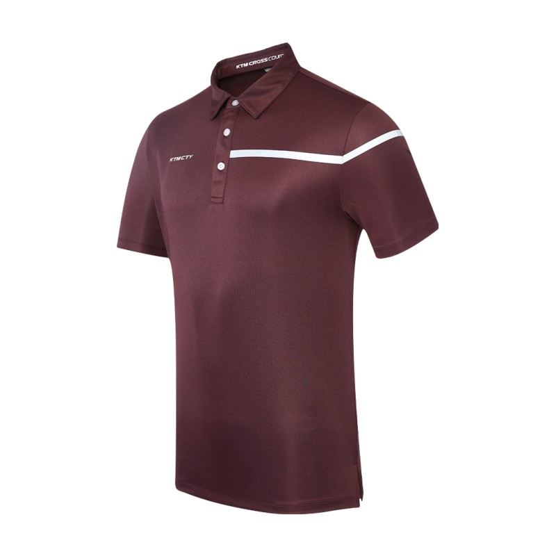 Male model wearing a maroon Cross Court Polo T-Shirt by KTM CTY, featuring a buttoned collar and a distinctive white chest stripe 0