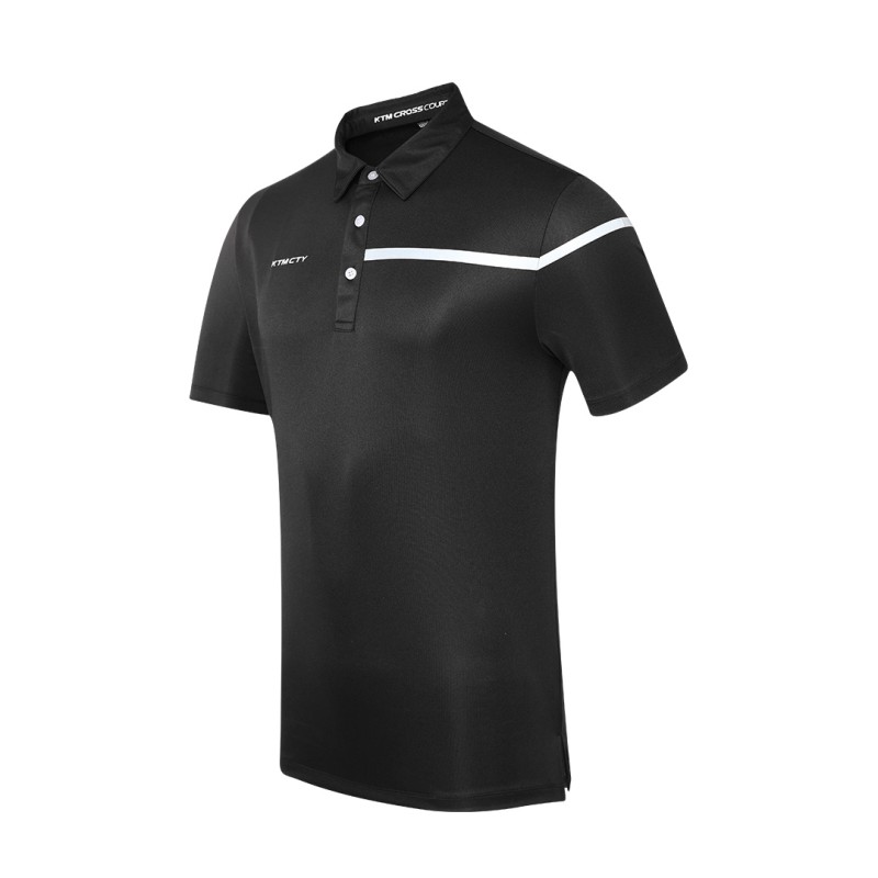 Male model wearing a maroon Cross Court Polo T-Shirt by KTM CTY, featuring a buttoned collar and a distinctive white chest stripe 4