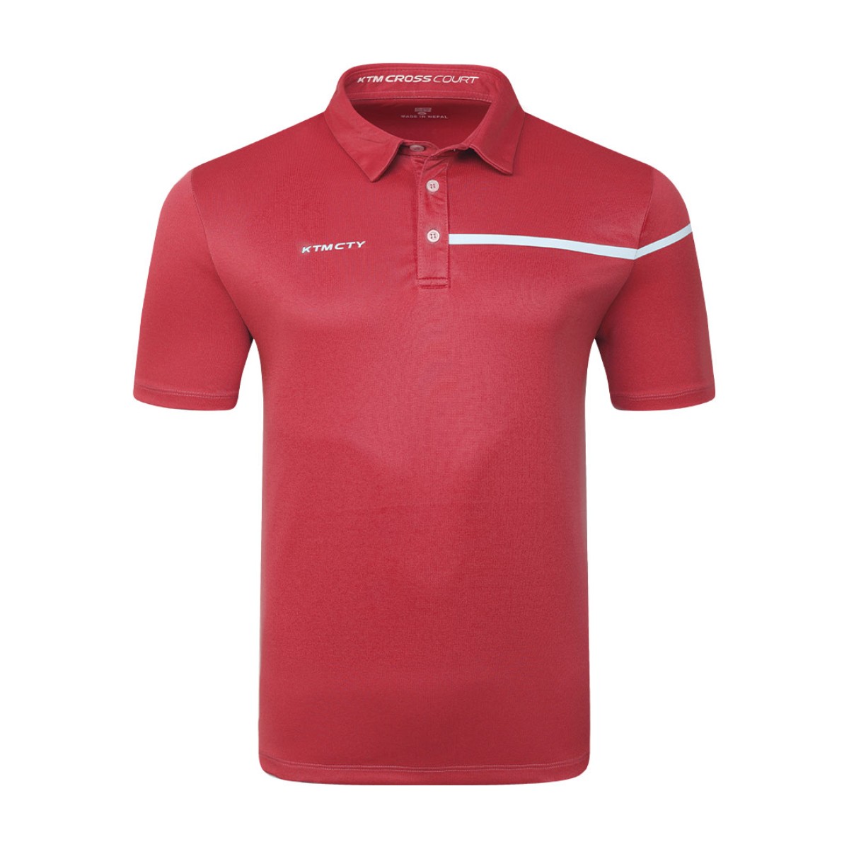 Male model wearing a maroon Cross Court Polo T-Shirt by KTM CTY, featuring a buttoned collar and a distinctive white chest stripe 4