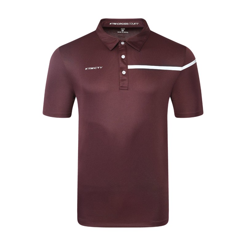 Male model wearing a maroon Cross Court Polo T-Shirt by KTM CTY, featuring a buttoned collar and a distinctive white chest stripe 0