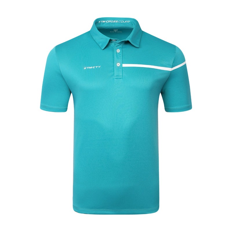 Male model wearing a maroon Cross Court Polo T-Shirt by KTM CTY, featuring a buttoned collar and a distinctive white chest stripe 1