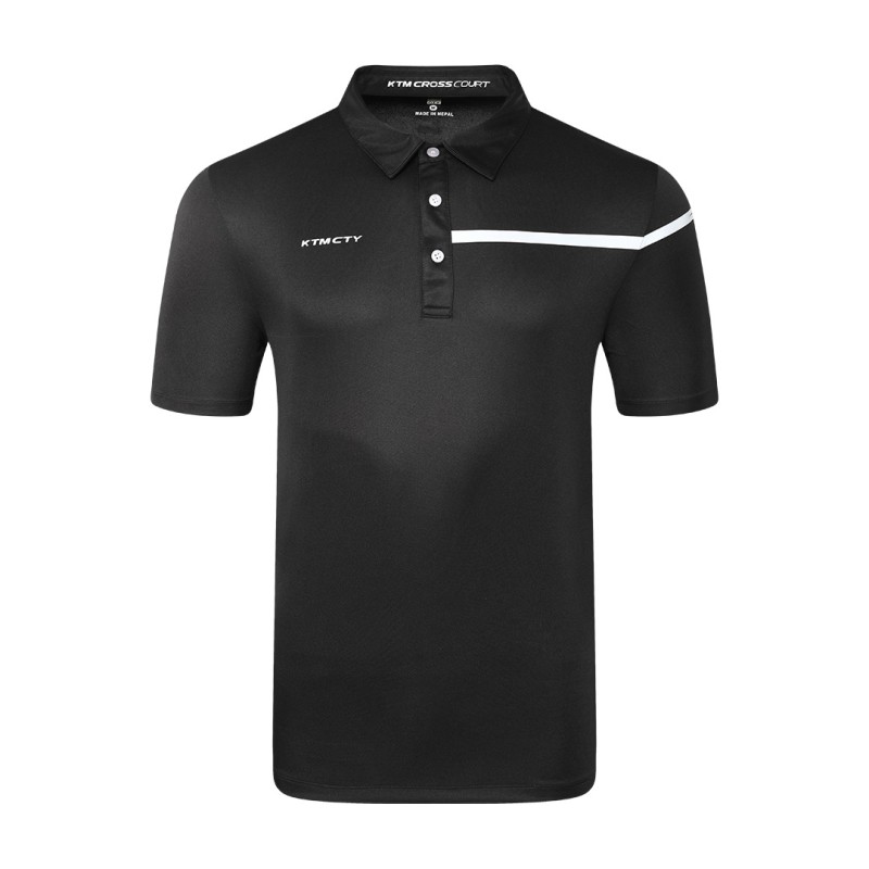Male model wearing a maroon Cross Court Polo T-Shirt by KTM CTY, featuring a buttoned collar and a distinctive white chest stripe 2