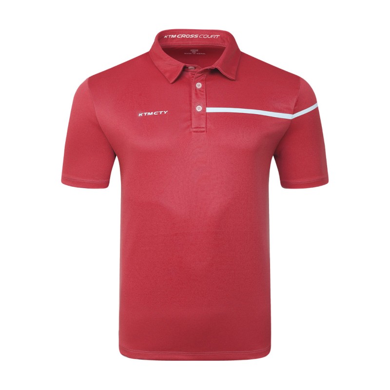 Male model wearing a maroon Cross Court Polo T-Shirt by KTM CTY, featuring a buttoned collar and a distinctive white chest stripe 4