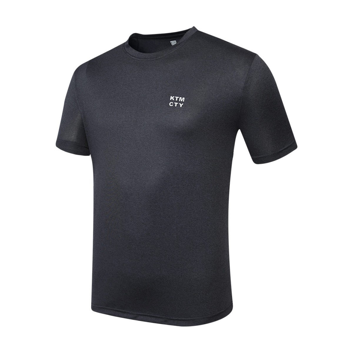 A male model wearing a dark grey heathered KTM CTY Altitude Wear short-sleeve t-shirt featuring a small white logo on the left chest 0
