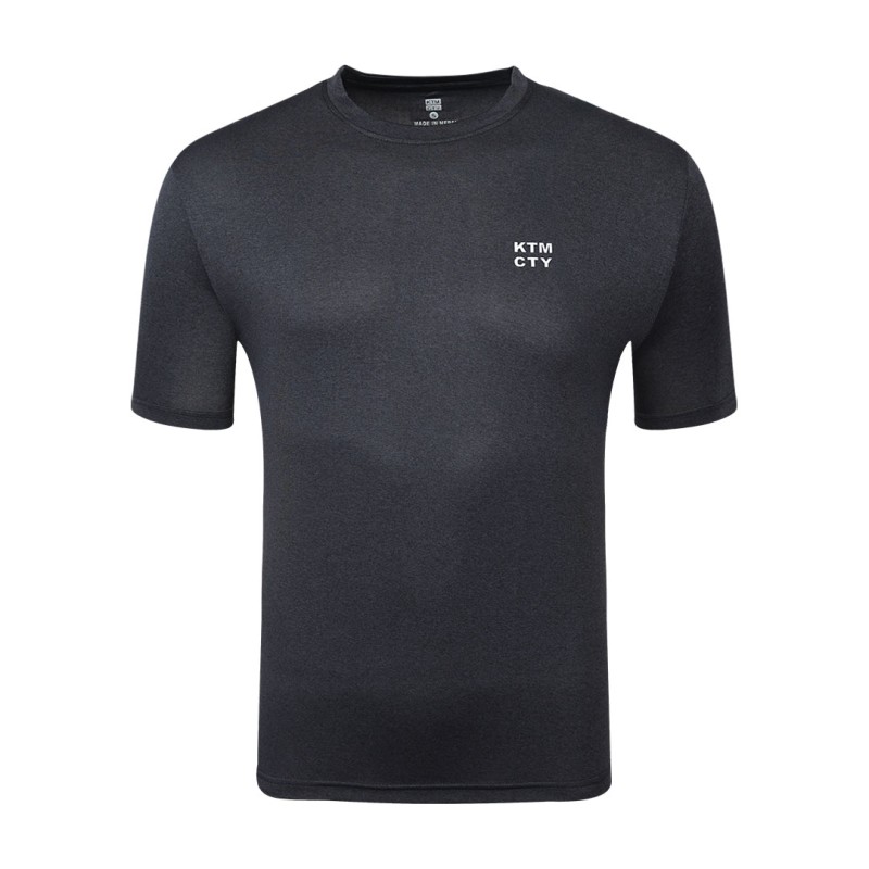 A male model wearing a dark grey heathered KTM CTY Altitude Wear short-sleeve t-shirt featuring a small white logo on the left chest 0