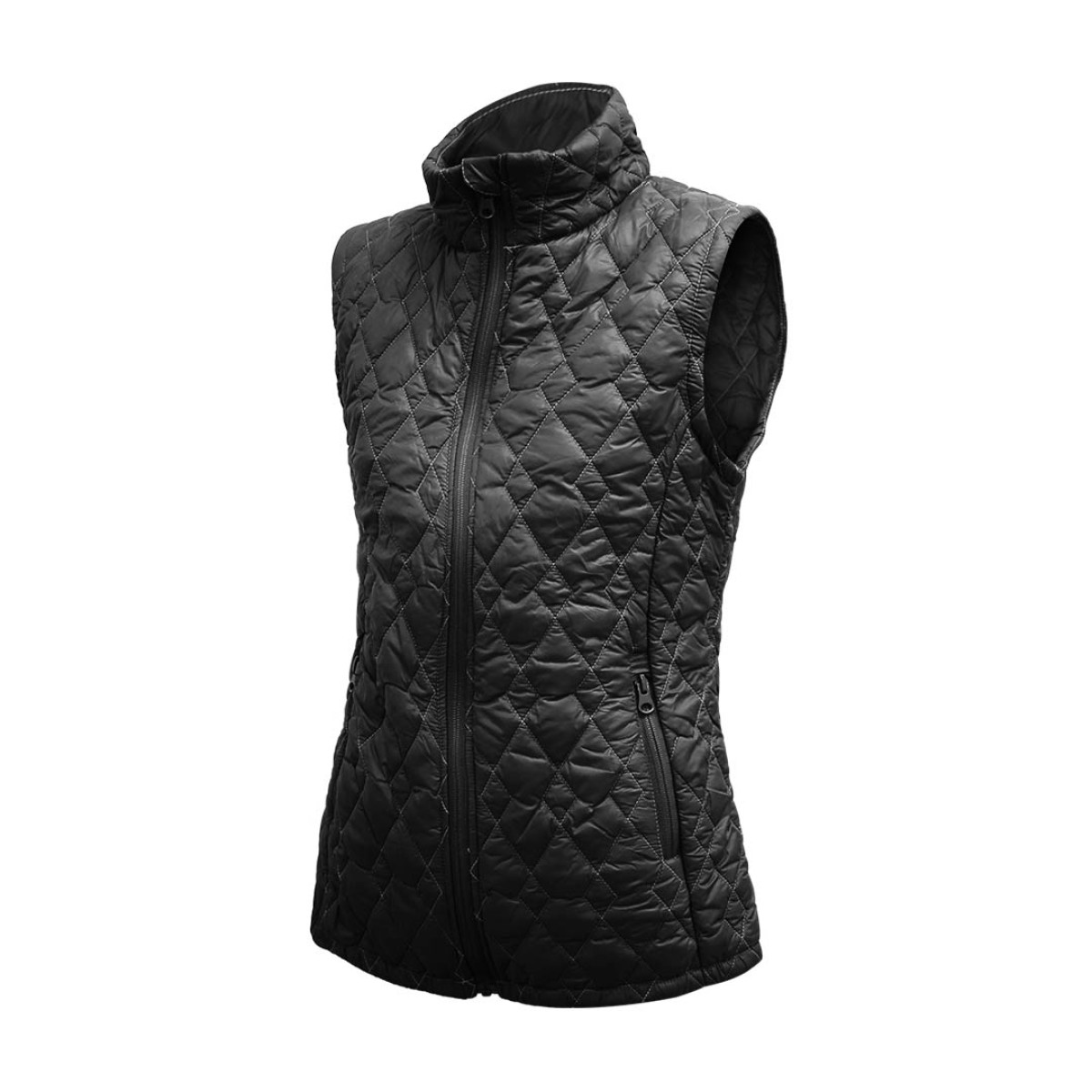 female model wearing women's ktm cty bella quilted polyfiber half jacket and holding on collars 0