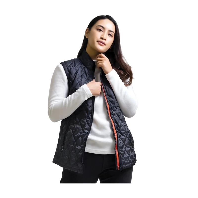 female model wearing women's ktm cty bella quilted polyfiber half jacket and holding on collars
