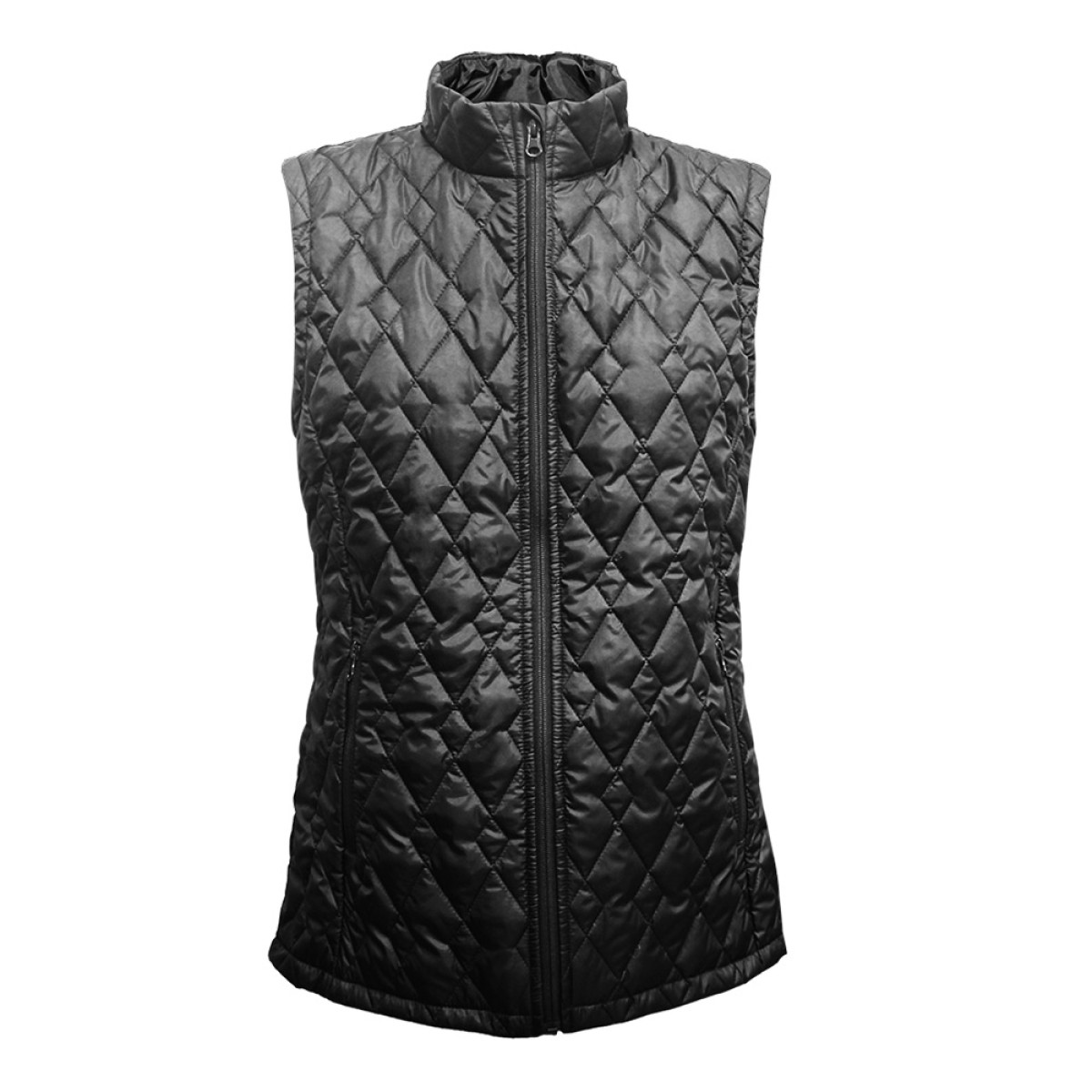 female model wearing women's ktm cty bella quilted polyfiber half jacket and holding on collars 0