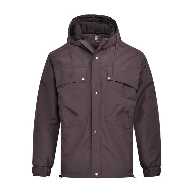 Front view of the KTM CTY Cargo Shield Hoodie Winter & Summer Jacket in navy blue, showcasing the adjustable hood, snap-button placket, and cargo pockets 2