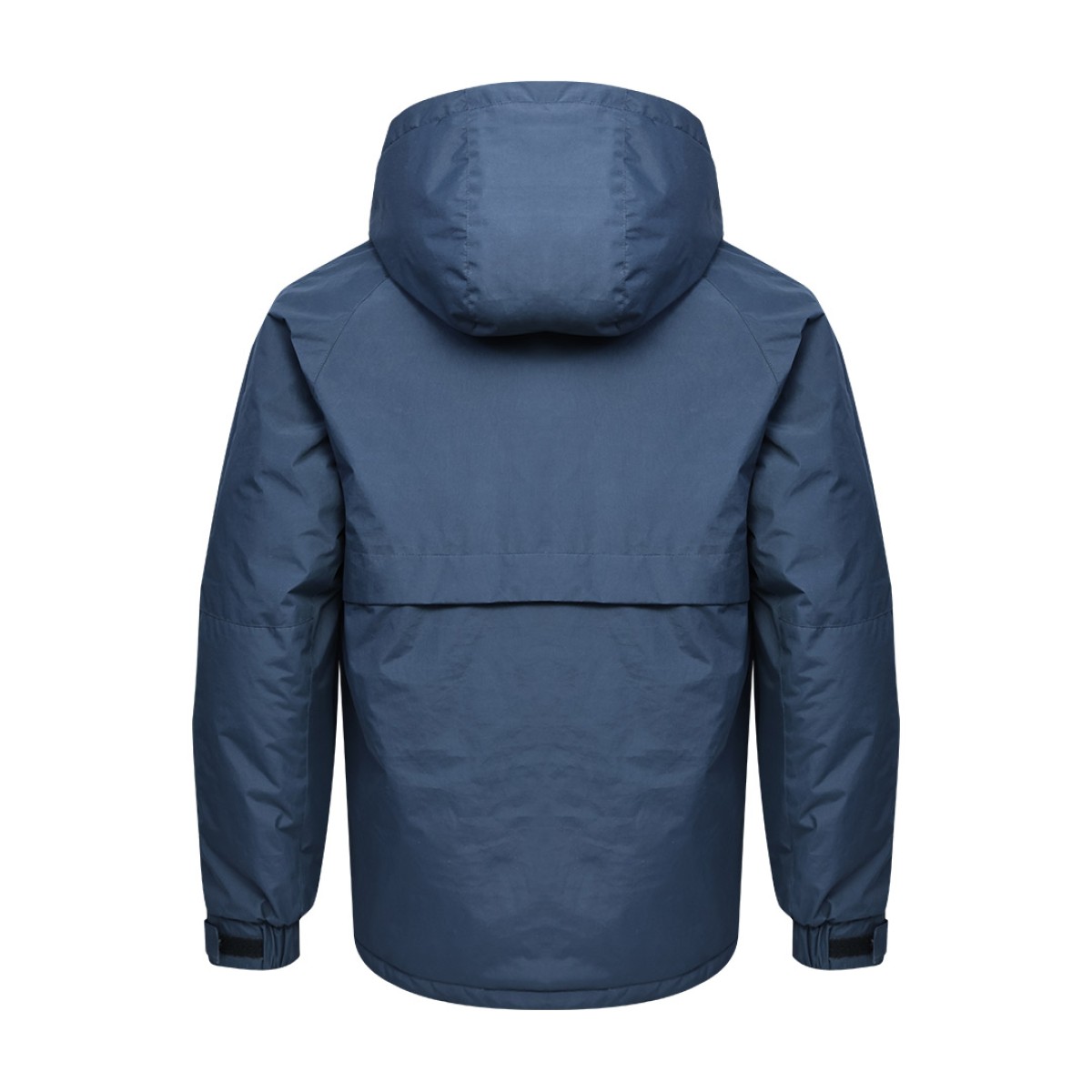 A male model wearing sunglasses and a heavy-duty, navy blue KTM CTY Cargo Shield Hoodie Winter Jacket, featuring a thick hood, snap-button front and multiple cargo pockets for cold weather protection. 1