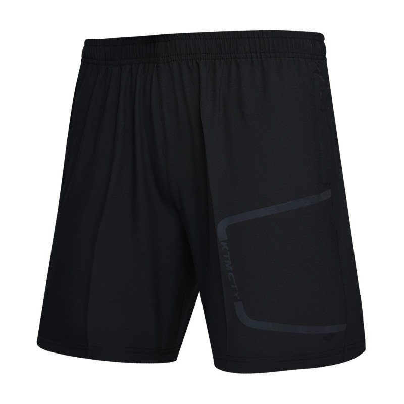 a pair of black KTM CTY Kinetic Training Shorts featuring an elastic waistband and a subtle grey geometric graphic design on the left thigh, designed for summer activewear