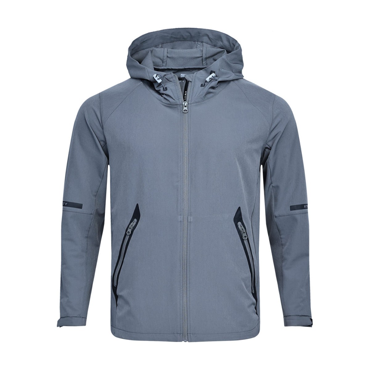A solid grey KTM CTY Metro Shift Windbreaker jacket featuring a full front zipper, an adjustable hood, and contrasting black zippered side pockets for a sleek, modern look. 0