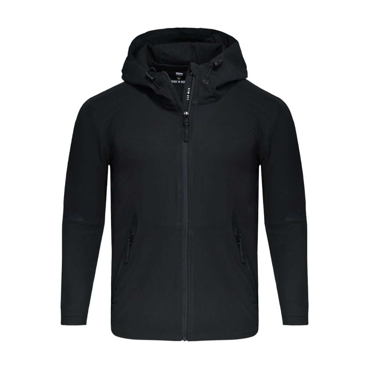 A solid grey KTM CTY Metro Shift Windbreaker jacket featuring a full front zipper, an adjustable hood, and contrasting black zippered side pockets for a sleek, modern look. 1