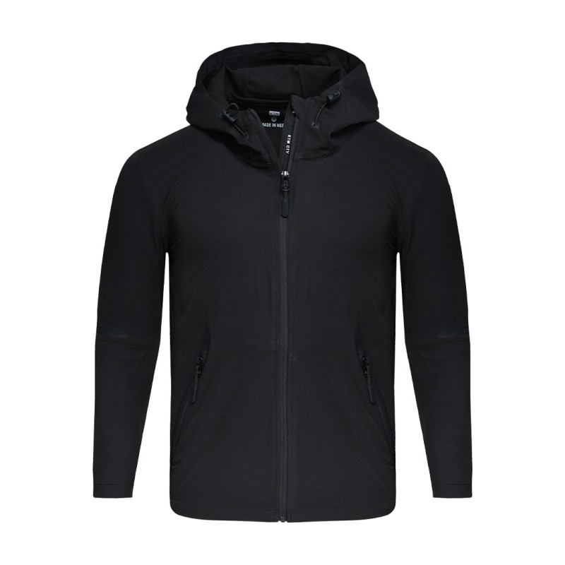 A solid grey KTM CTY Metro Shift Windbreaker jacket featuring a full front zipper, an adjustable hood, and contrasting black zippered side pockets for a sleek, modern look. 1