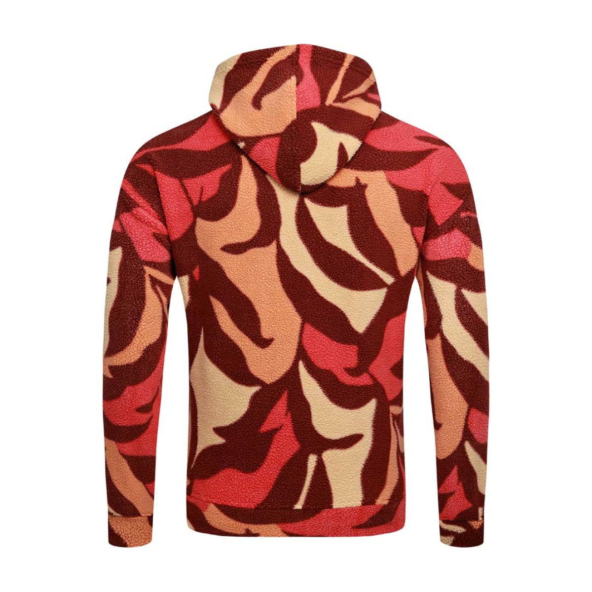 Model styling the KTM CTY Oversize Emberprint Sherpa Hoodie, featuring a warm, textured fleece with an earthy brown, green, and cream abstract pattern, oversized fit, with her hands in the front kangaroo pocket 3
