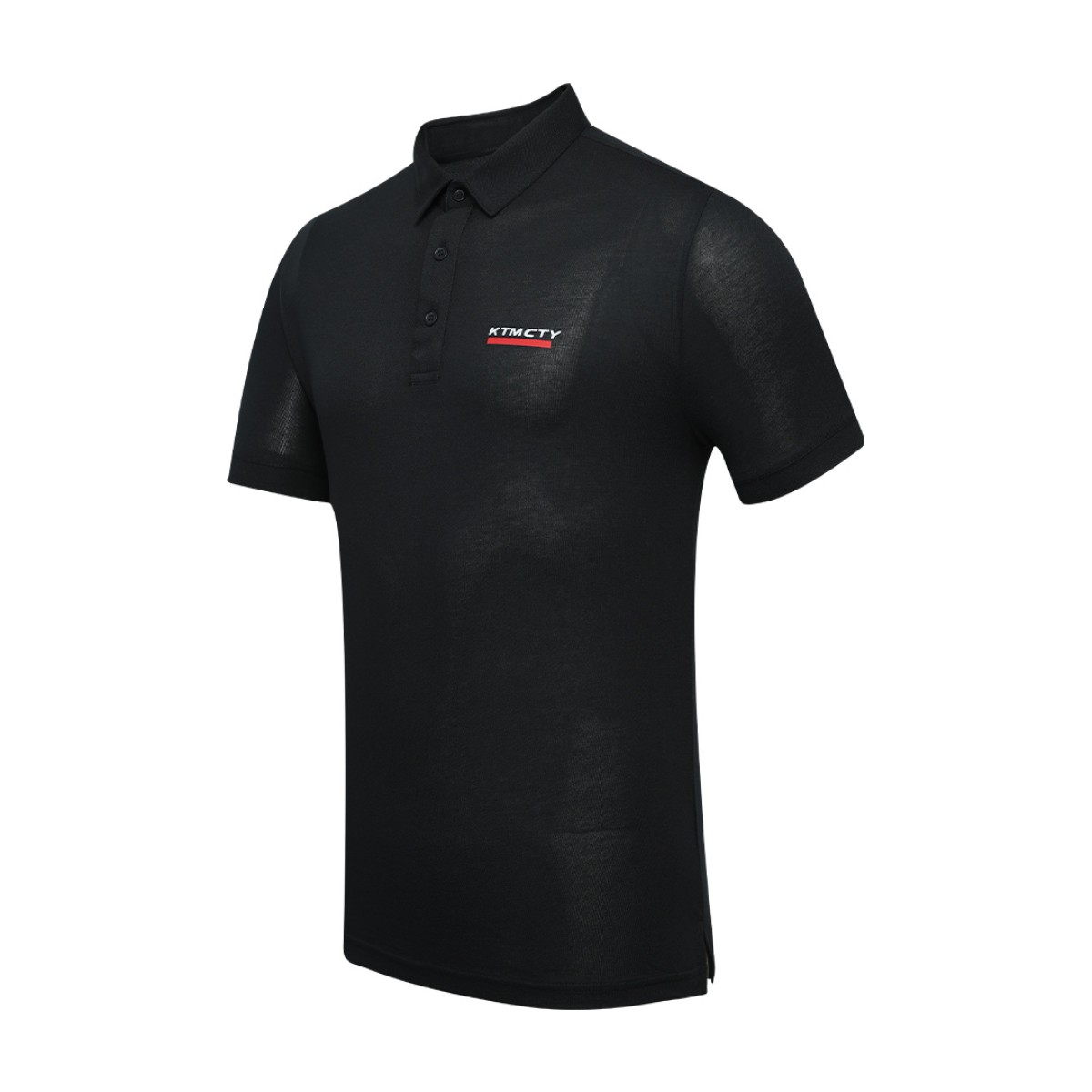 A man styling the forest green KTM CTY Pulse athletic polo tshirt, featuring a classic buttoned collar and short sleeves, paired comfortably with casual grey trousers 0