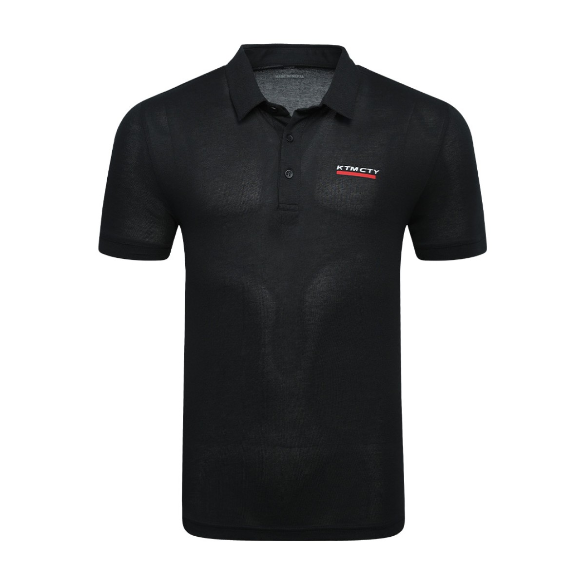 A man styling the forest green KTM CTY Pulse athletic polo tshirt, featuring a classic buttoned collar and short sleeves, paired comfortably with casual grey trousers 0