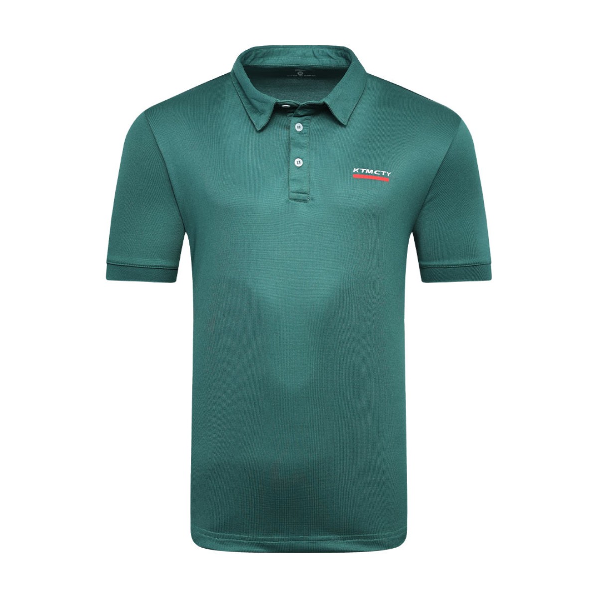 A man styling the forest green KTM CTY Pulse athletic polo tshirt, featuring a classic buttoned collar and short sleeves, paired comfortably with casual grey trousers 2
