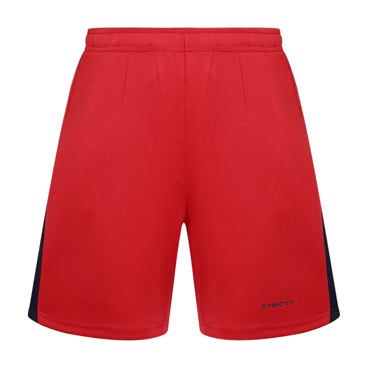 Front View of Red KTM CTY athletic shorts featuring an elastic waistband, dark side stripes and a small logo on the lower left leg.