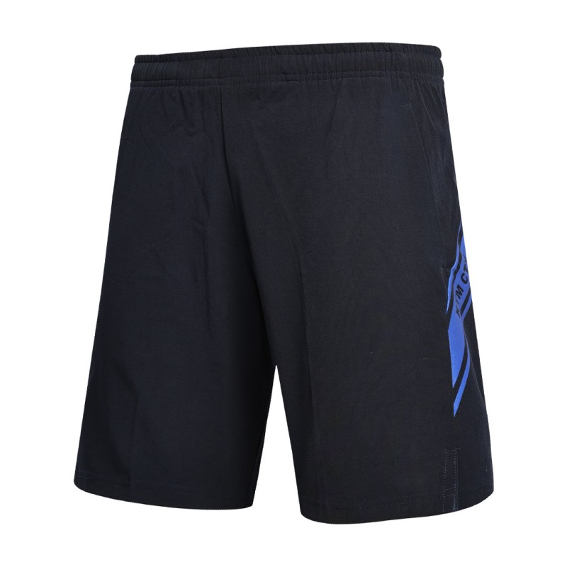 A pair of black KTM CTY Strike Active Shorts featuring an elastic waistband and a bold blue graphic design on the left leg, perfect for summer workouts and casual wear.