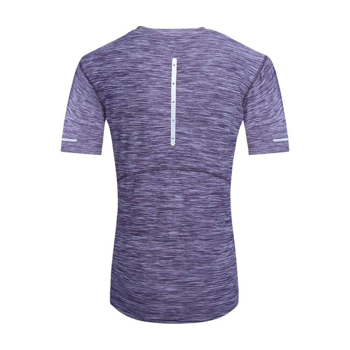 A female model posing with hands on her hips, wearing a purple heathered short-sleeve athletic KTM Luna Wear Crop T-Shirt featuring black horizontal line accents across the chest and sleeves, paired with grey activewear bottoms 1