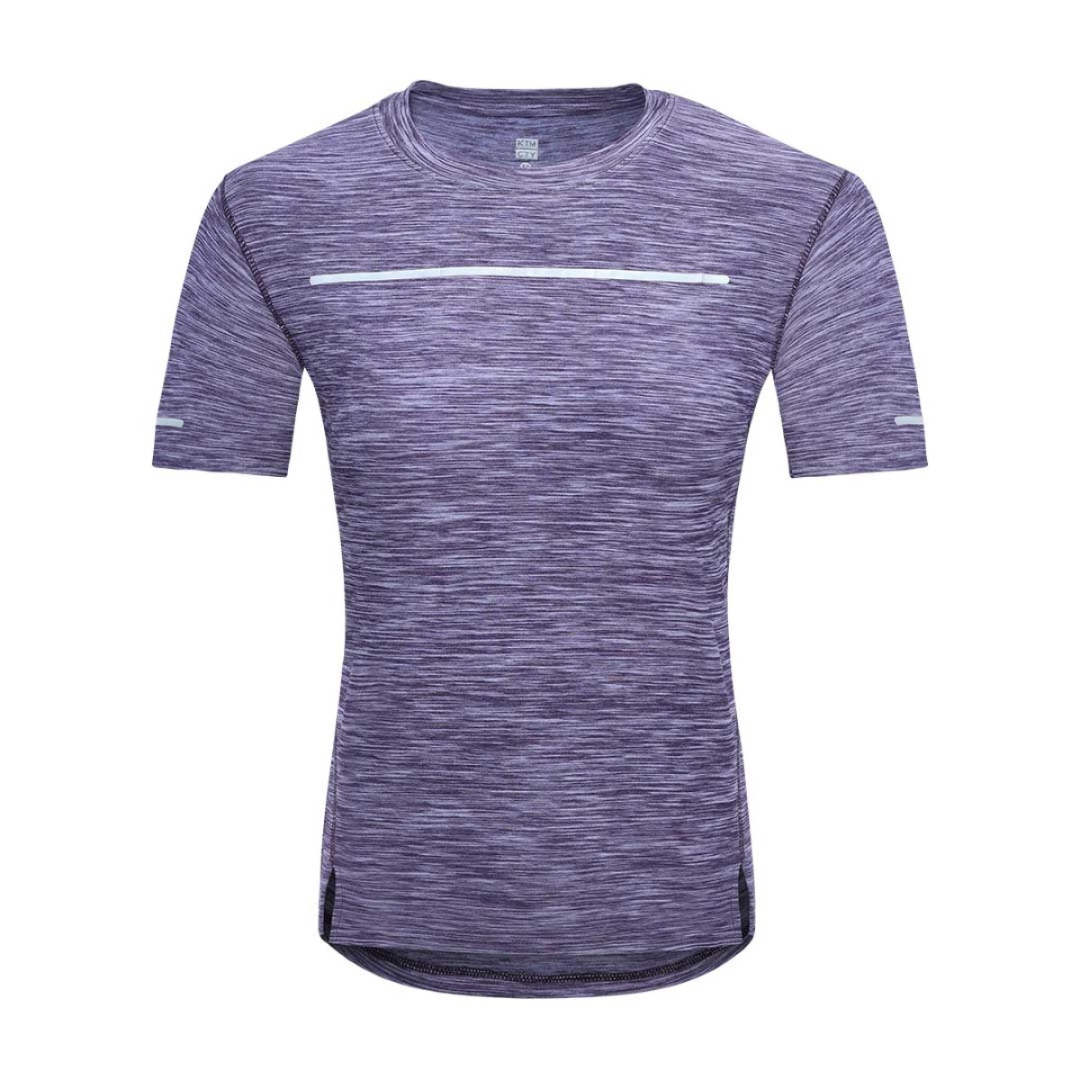 A female model posing with hands on her hips, wearing a purple heathered short-sleeve athletic KTM Luna Wear Crop T-Shirt featuring black horizontal line accents across the chest and sleeves, paired with grey activewear bottoms 0