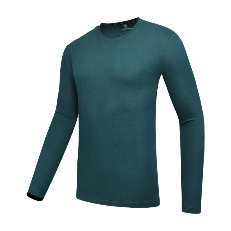 Two models showcasing casual loungewear tshirt. A woman in a light grey long-sleeve crewneck t-shirt and matching shorts stands next to a man wearing a dark green long-sleeve tshirt and black shorts 0