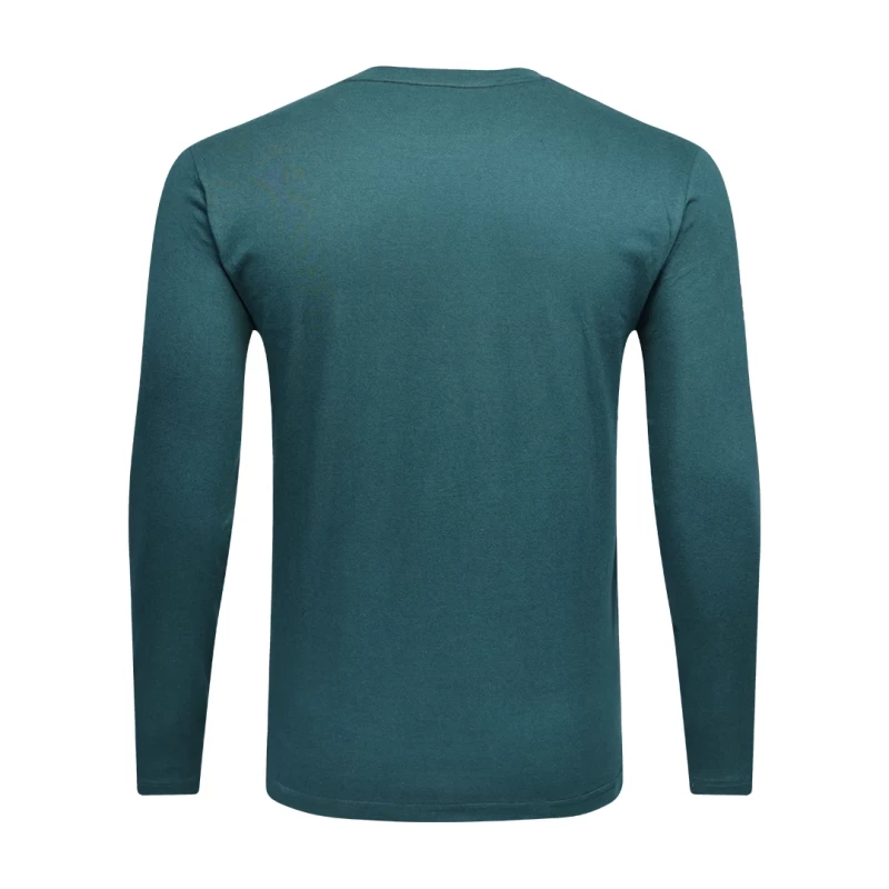 Two models showcasing casual loungewear tshirt. A woman in a light grey long-sleeve crewneck t-shirt and matching shorts stands next to a man wearing a dark green long-sleeve tshirt and black shorts 1