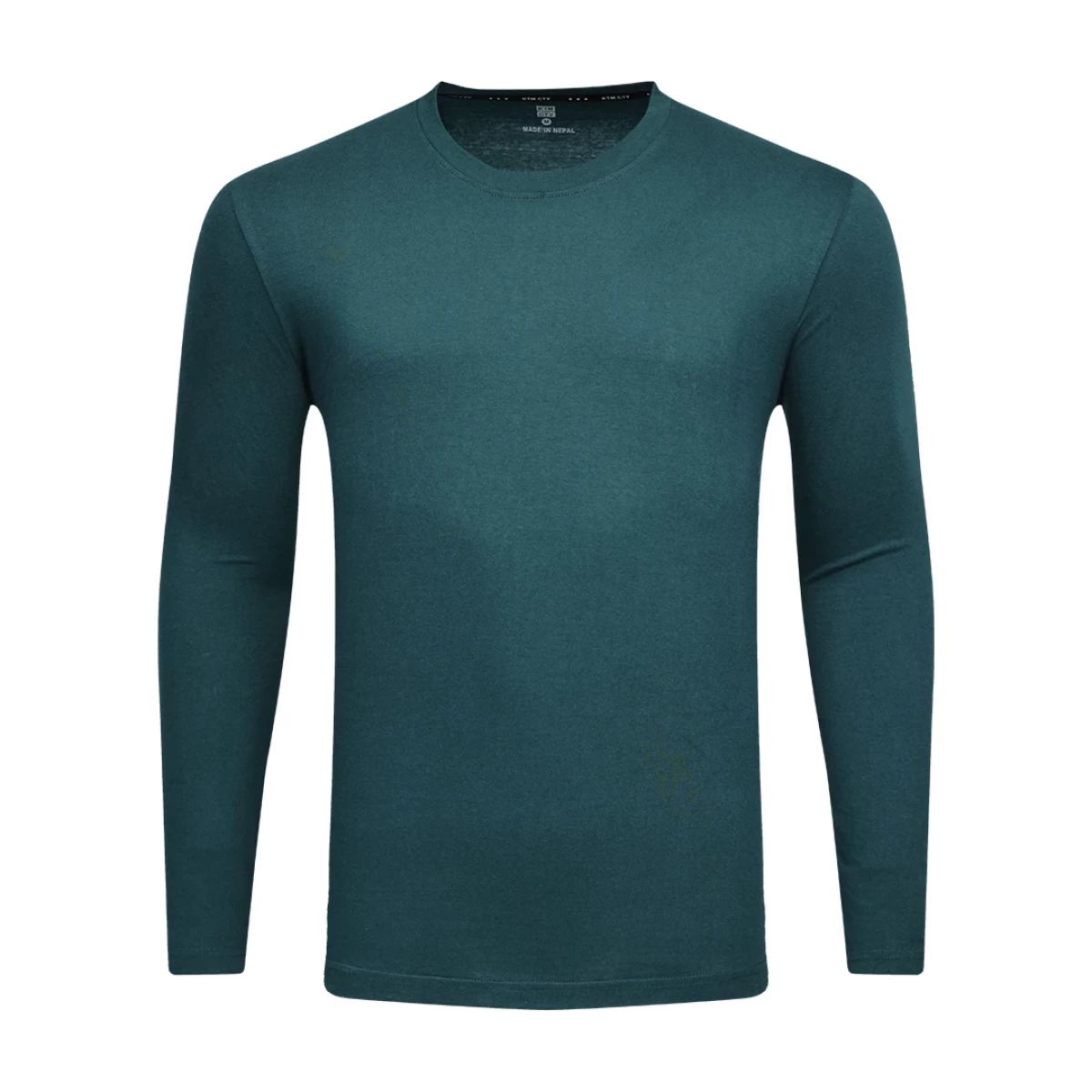Two models showcasing casual loungewear tshirt. A woman in a light grey long-sleeve crewneck t-shirt and matching shorts stands next to a man wearing a dark green long-sleeve tshirt and black shorts 0