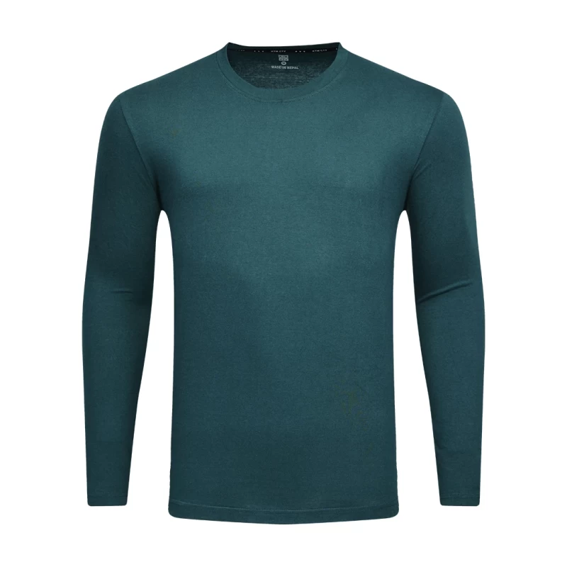 Two models showcasing casual loungewear tshirt. A woman in a light grey long-sleeve crewneck t-shirt and matching shorts stands next to a man wearing a dark green long-sleeve tshirt and black shorts 0
