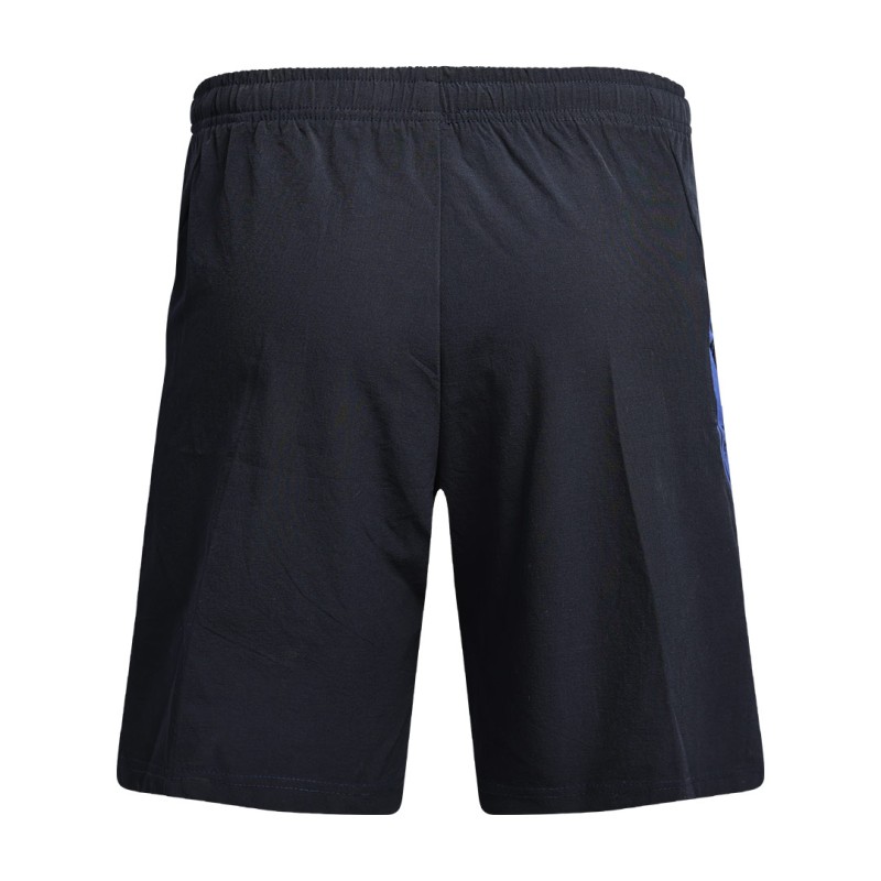 A front-angled view of the black KTM CTY Strike Active Shorts, a versatile half pant featuring an elastic waistband and a striking blue graphic detail on the side, lightweight fabric 1