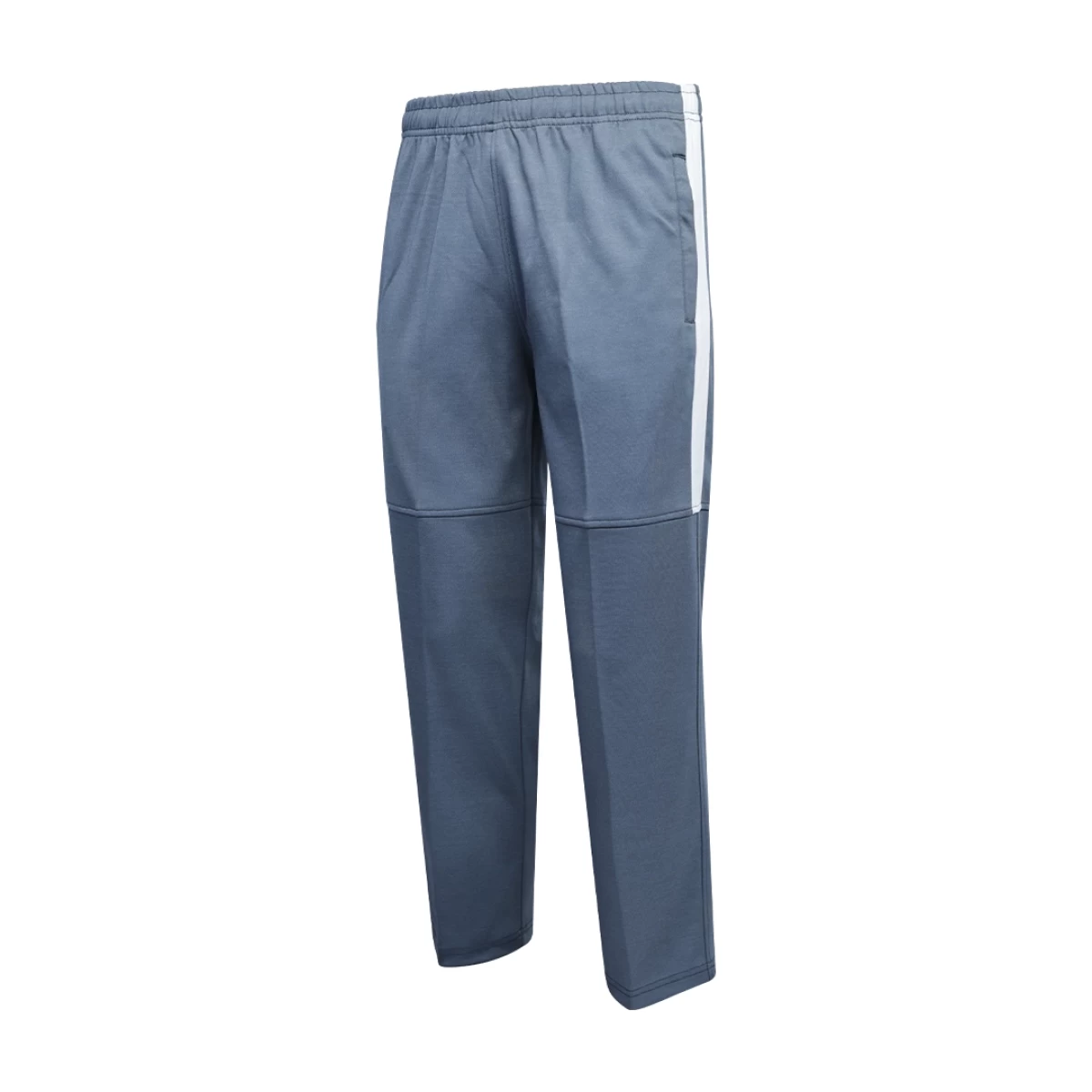 A side-profile view of a person wearing black KTM CTY Strike track pants. The trousers feature a bold white stripe down the upper side of the leg and a horizontal articulated knee seam 1