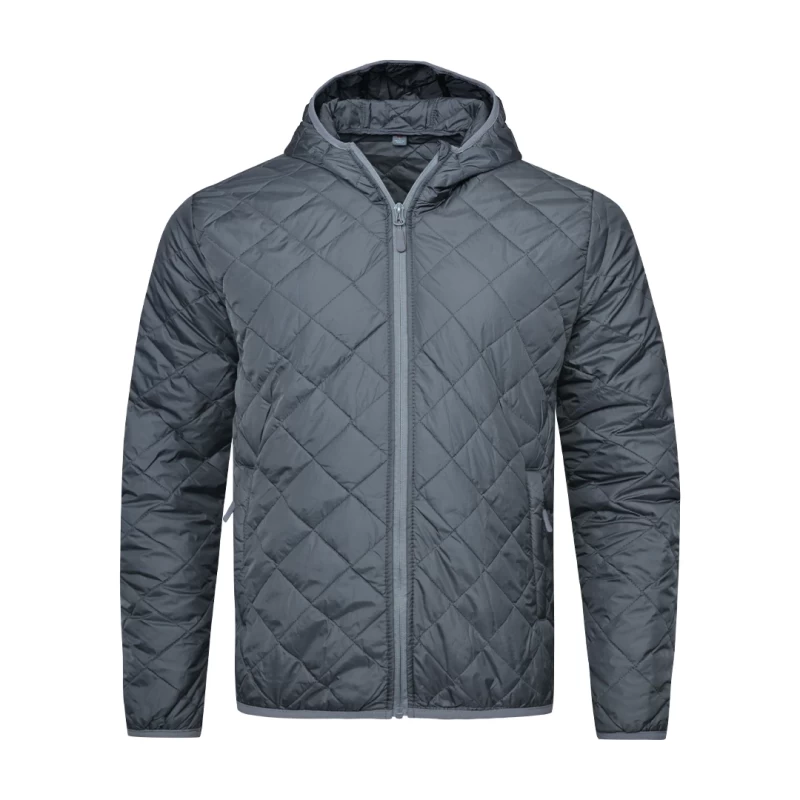 grey quilted lightweight winter jacket with a hood and full front zipper