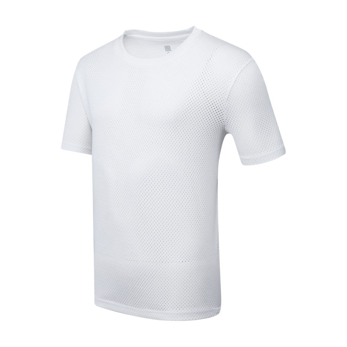 A male model wearing a white, sleeve t-shirt with a textured, perforated mesh design 0