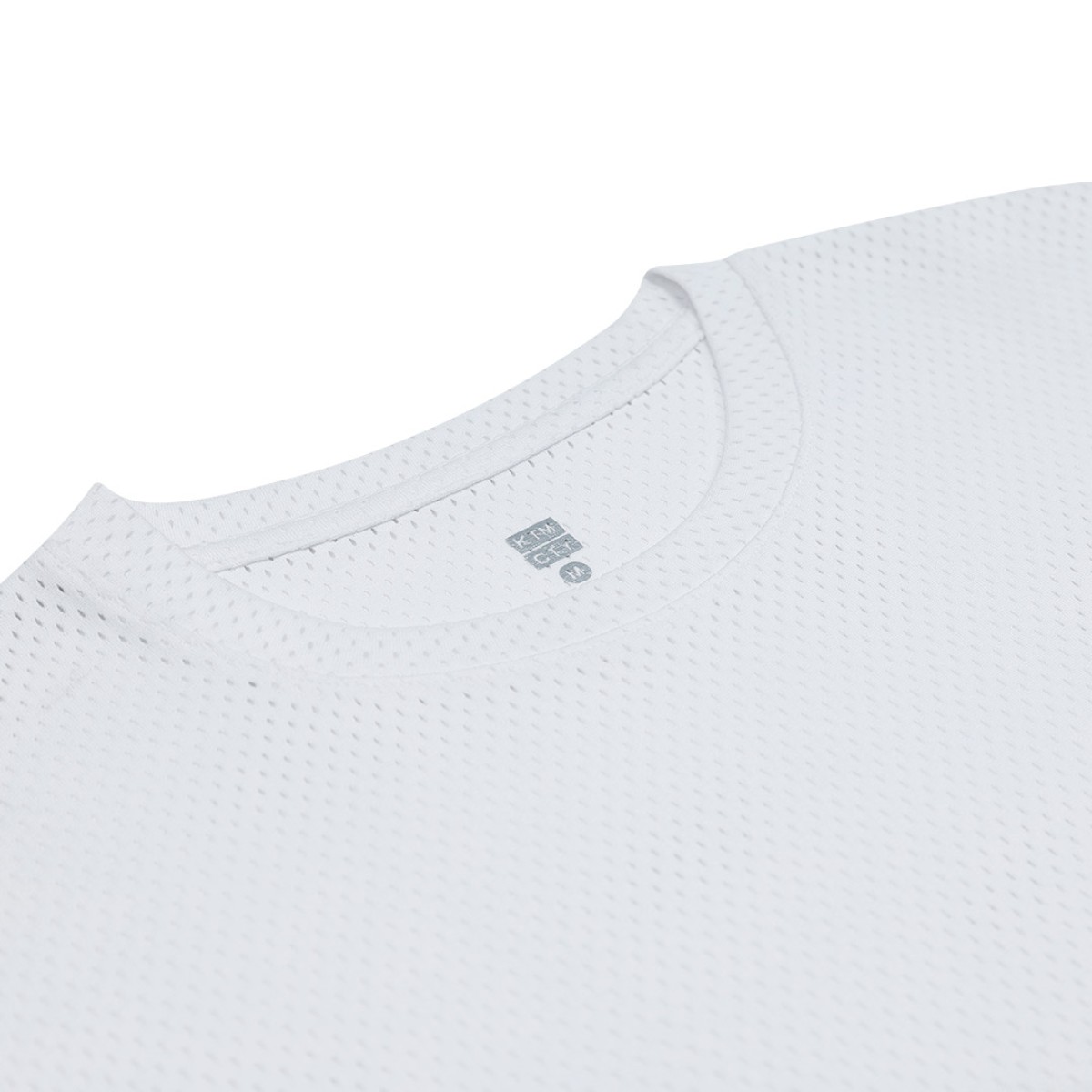 A male model wearing a white, sleeve t-shirt with a textured, perforated mesh design 2