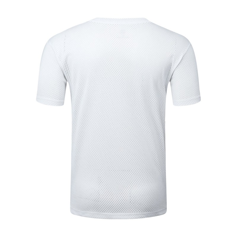 A male model wearing a white, sleeve t-shirt with a textured, perforated mesh design 1