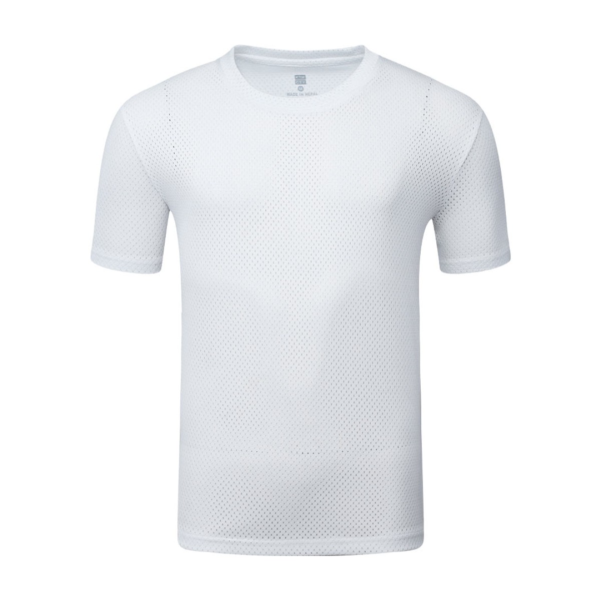 A male model wearing a white, sleeve t-shirt with a textured, perforated mesh design 0