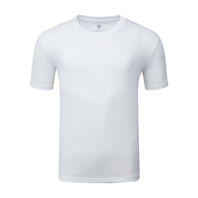 A male model wearing a white, sleeve t-shirt with a textured, perforated mesh design 0