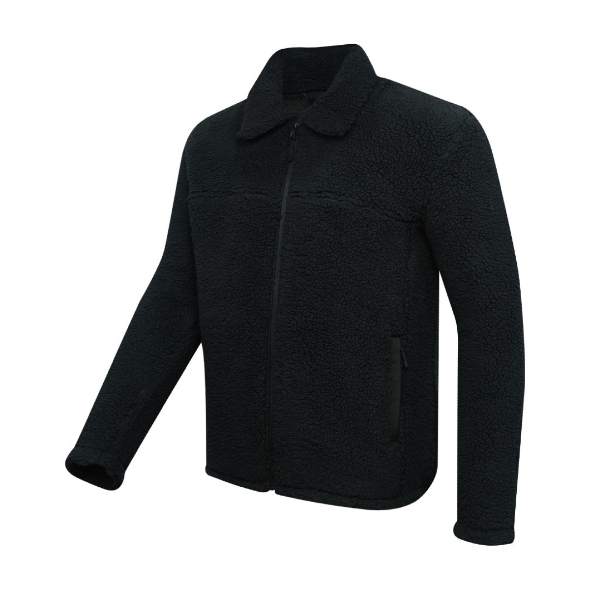 A model wearing a cream-colored sheep polyfiber unisex winter jacket featuring a classic fold-down collar, a full front zipper and hands resting in the side pockets 0