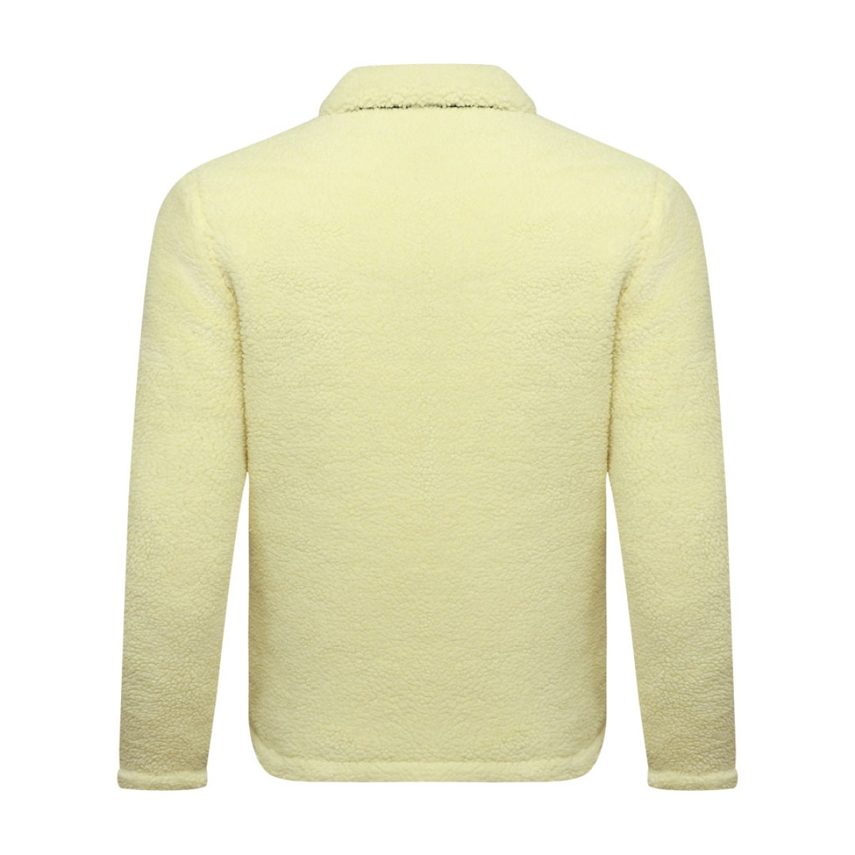 A model wearing a cream-colored sheep polyfiber unisex winter jacket featuring a classic fold-down collar, a full front zipper and hands resting in the side pockets 3