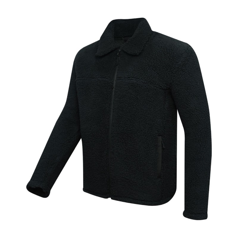 A model wearing a cream-colored sheep polyfiber unisex winter jacket featuring a classic fold-down collar, a full front zipper and hands resting in the side pockets 0