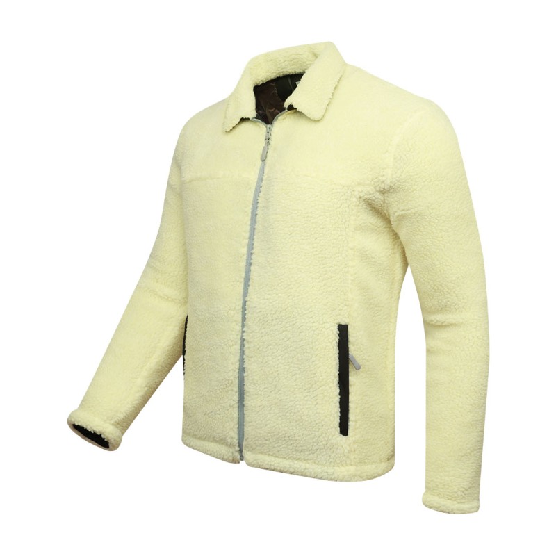 A model wearing a cream-colored sheep polyfiber unisex winter jacket featuring a classic fold-down collar, a full front zipper and hands resting in the side pockets 2