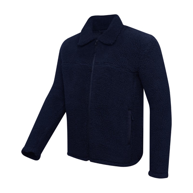 A model wearing a cream-colored sheep polyfiber unisex winter jacket featuring a classic fold-down collar, a full front zipper and hands resting in the side pockets 4