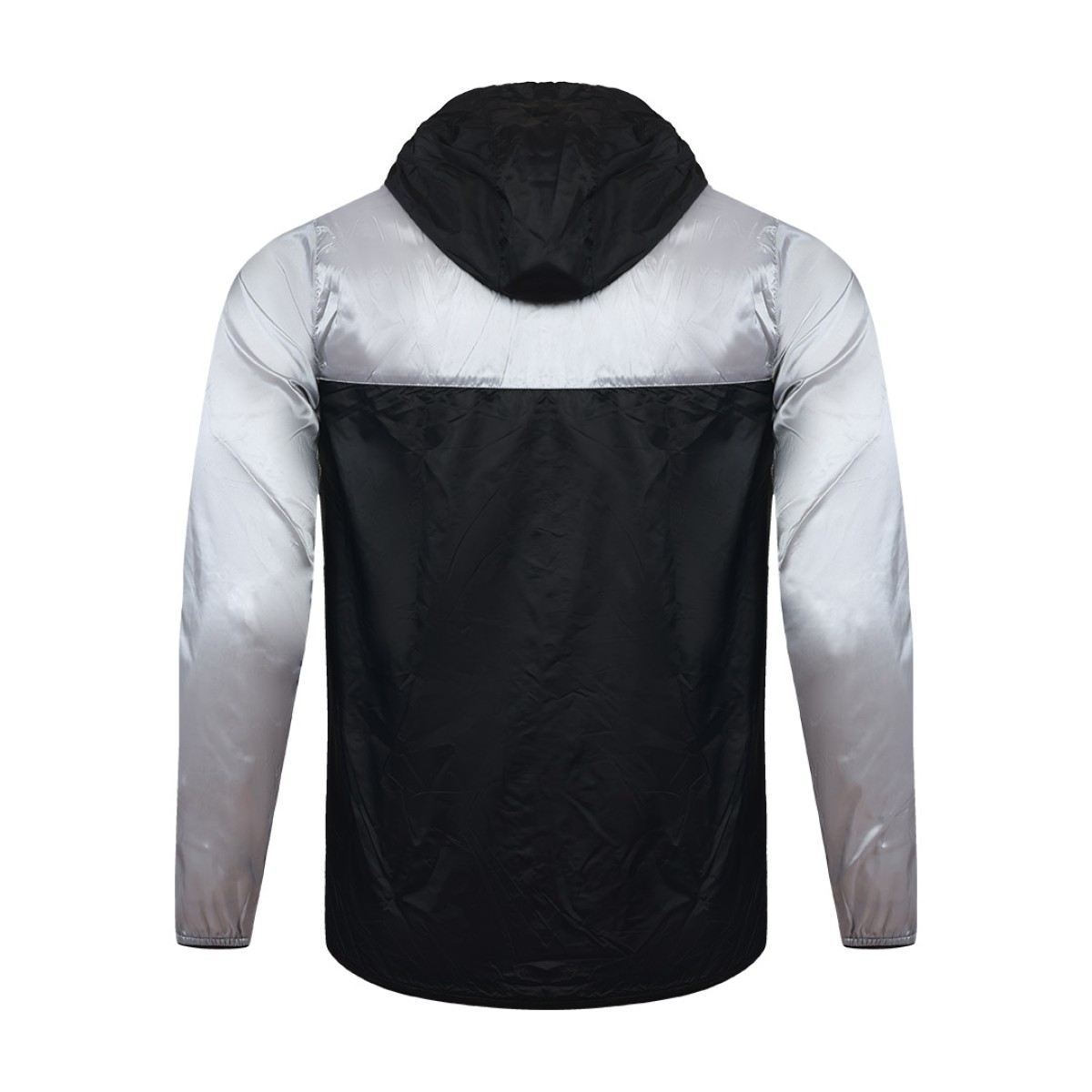 Front view of a male model styling a vibrant red and blue color-block lightweight windcheater jacket. This casual Unisex Windbreaker Jacket features a full zipper and a protective hood, making it a great outer layer for summer wear jacket. 3